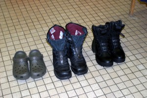 My station wear. The Crocs at night (I'm a sissy), My Warrington Pros, My new Magnum Boots