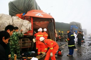 Firefighters and medical staff rescue the victims of a severe pile-up crash believed to have been caused by low visibility in the heavy fog and slippery road surfaces in Jiangxi province on December 28, 2009. (Xinhua)