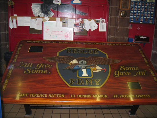 This firehouse kitchen table belongs to FDNY Rescue 1. (link)